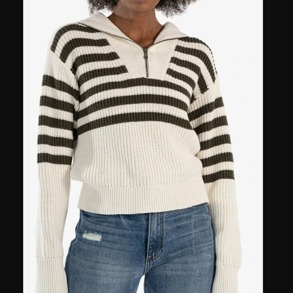 Kut from the Kloth Noley Quarter Zip Sweater - Off White/Olive - Small